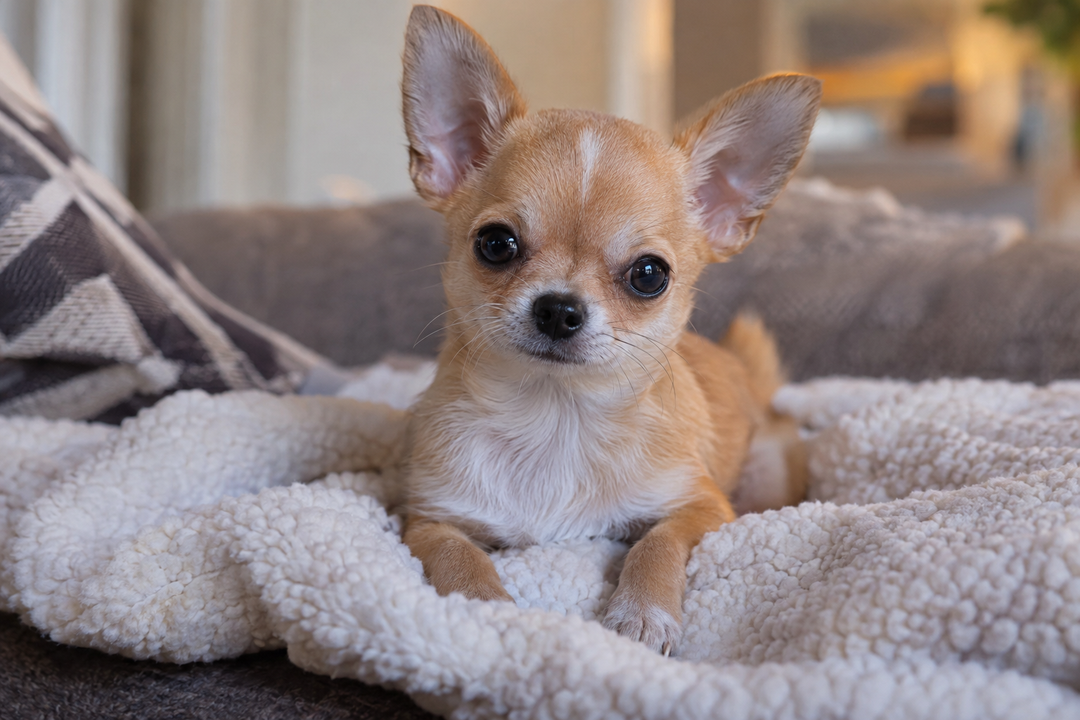 Tan and white Chihuahua puppy with upright ears lying on a fluffy cream blanket on a gray sofa.